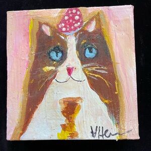 Cat in Party Hat Original Handmade 6”x6” by Victoria Heisler
